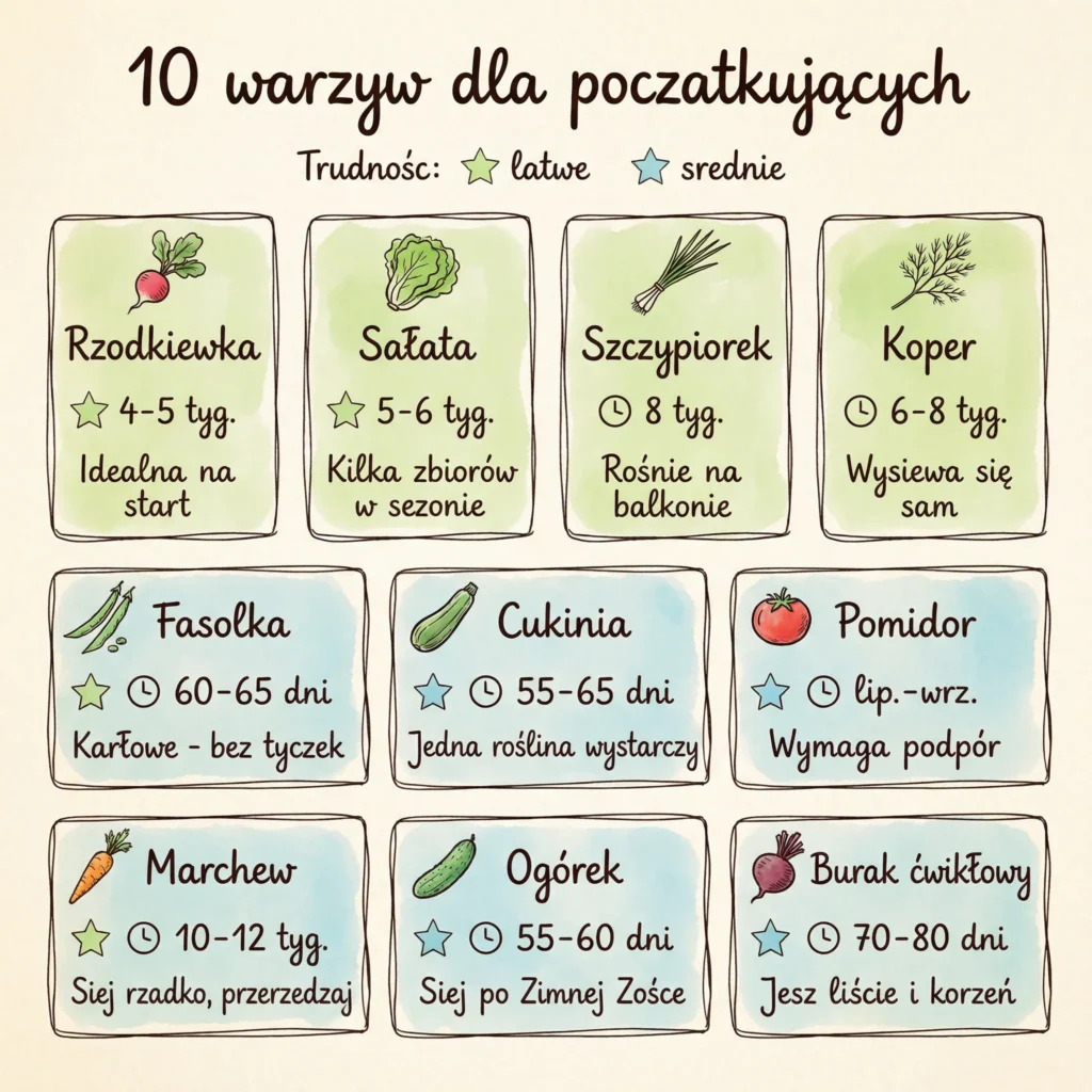 10 najłatwiejszych warzyw dla początkujących ogrodników z czasem zbioru i poziomem trudności