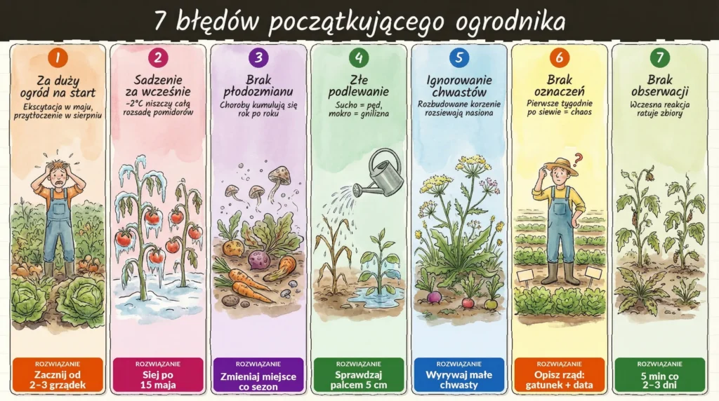 7 najczęstszych błędów początkującego ogrodnika — ilustracje z rozwiązaniami krok po kroku