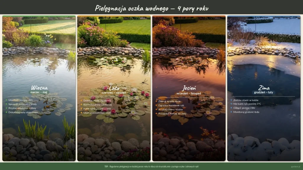 Infografika z poradami pielęgnacji oczka wodnego wiosną, latem, jesienią i zimą na tle realistycznych zdjęć ogrodu