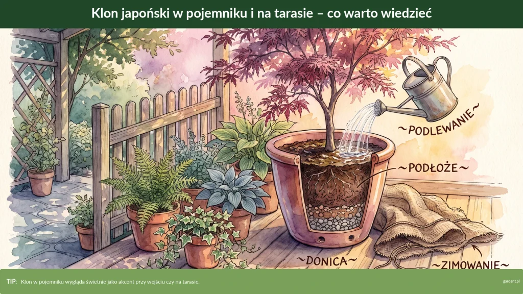 klon japoński w pojemniku i na tarazie