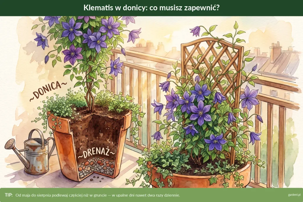 klematisy w donicach i na balkonie
